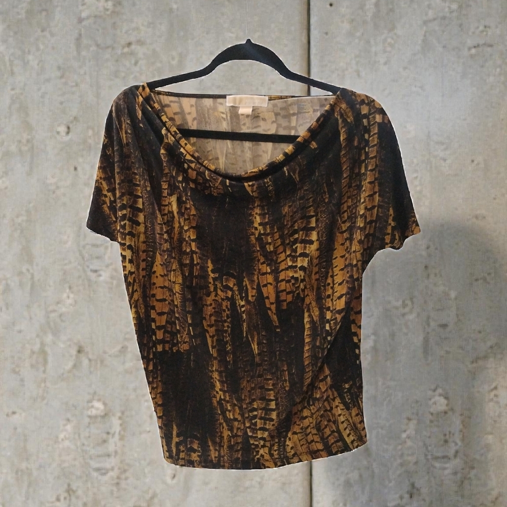 Michael Kors Animal Print Brown, Beige, Black Blouse SZ M Petite